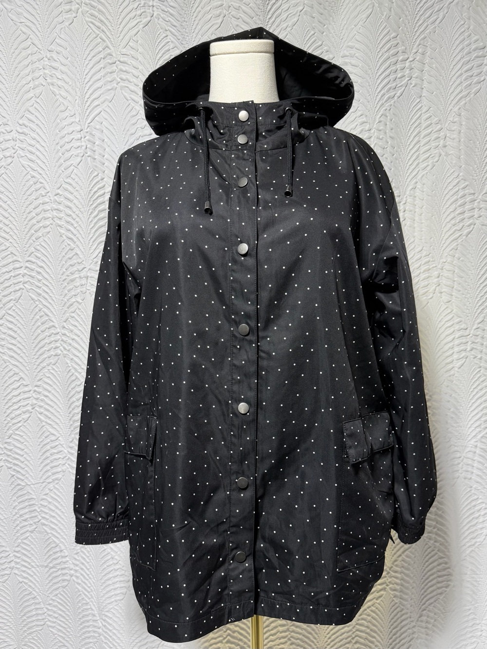 J. Jill Polka Dot Hooded Rain Jacket - Black (Size LP)